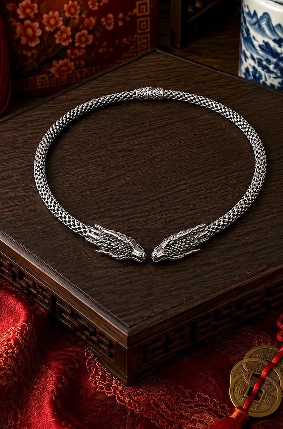 Asian Chinese Style Sterling Silver Womens Double Dragon Choker Collar Necklace, Dragon Necklace, Asian Necklace, Asian Necklace, Dragon