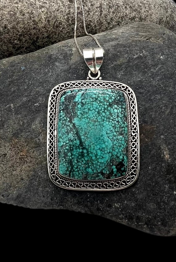 Large Sterling Silver Natural Blue Spiderweb Turquoise Pendant Necklace, Turquoise Necklace, Natural Turquoise, Turquoise, Boho Necklace