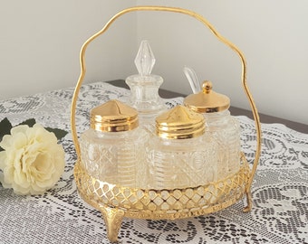 Vintage English Cruet Set - Gold plated Condiment Set ~ Gold Salt & Pepper Shakers ~ High Tea Tableware - Made England