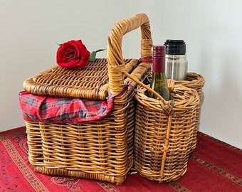 Vintage Wicker Picnic Basket with Bottle & Thermos Holder ~ Picnic Basket ~Woven Basket~ Lidded Basket ~ Cane Storage Basket ~Natural Basket