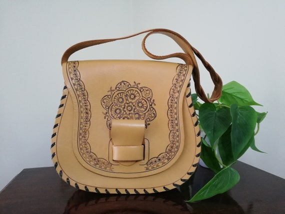 Vintage Tooled Leather Bag ~ 1970's Embossed Leath