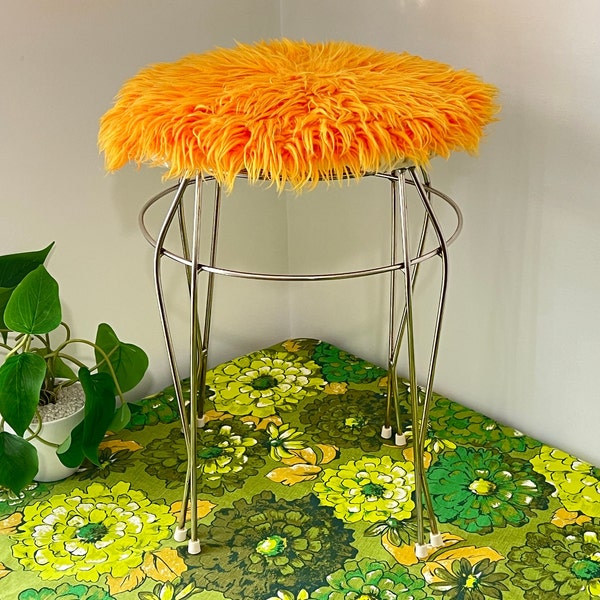 Vintage Hairpin Stool - Orange Retro Stool - Vanity Chair -Retro Dressing Table Stool - Hairpin Stool -Orange Fluffy Stool- Mid Century Fab!