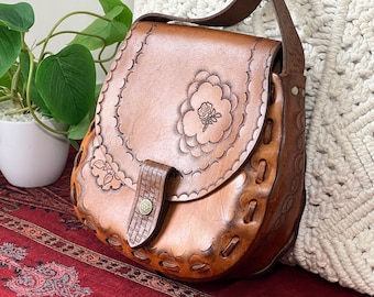 Vintage Hand Tooled Leather Bag ~ 1970s Tooled Leather Shoulder Bag ~ Hippie Leather Handbag ~ Boho Leather Bag ~ Terrific!