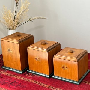 Vintage Wooden Canisters Set of 3 -Handcrafted Wooden Canister Trio-Sugar/Tea/Coffee Canister- Rustic Farmhouse Kitchen- Country Kitchen