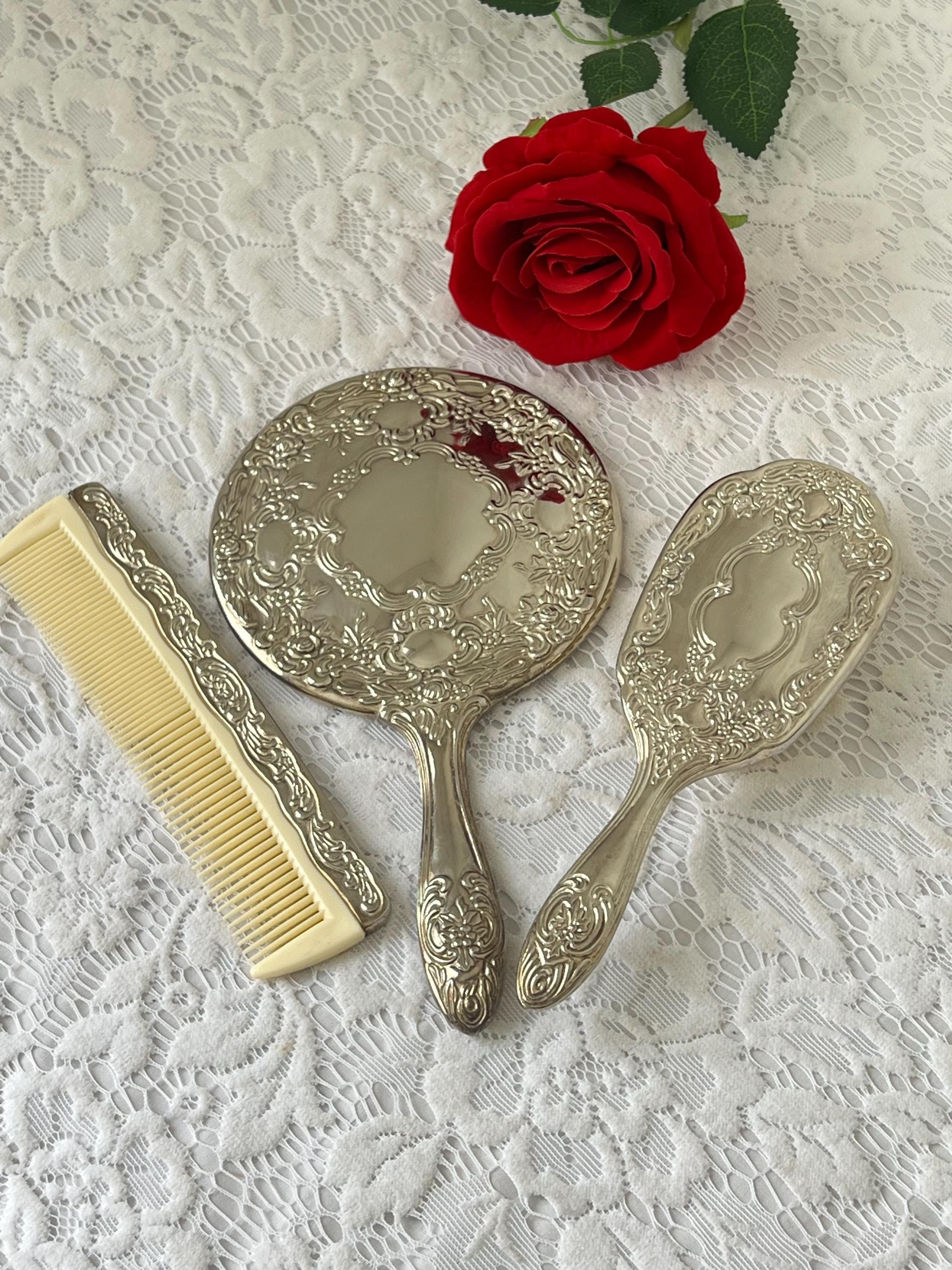 Vintage Vanity Set ~ Victorian Style Silver Plated Mirror 