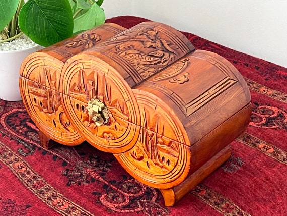 Vintage Retro Chinese Jewellery Box - Carved Wood… - image 8
