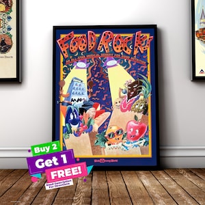Peut inclure: Affiche encadrée pour l'attraction Disney World, "Food Rocks". L'affiche présente des personnages de nourriture de dessins animés, dont une pomme, une orange et du pain, avec le texte "FOOD ROCKS" en haut. L'affiche est encadrée en noir.