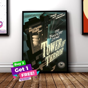 May include: A framed poster for The Twilight Zone Tower of Terror, featuring the Hollywood Tower Hotel. The poster has a vintage design with the text "Travel Into Another Dimension!" and an eye graphic. The poster is displayed on a wooden floor.
