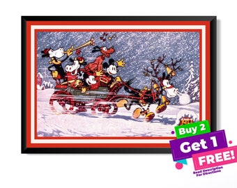 Classic Disney Mickey & Friends Christmas Sleigh Vintage Poster