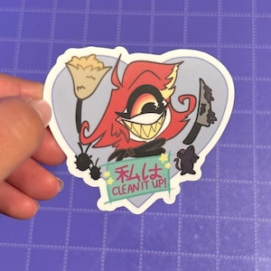 May include: A sticker featuring a cartoon character with red hair, a large grin, and a single eye. The character is holding a broom and a knife. The sticker has Japanese text that says "Clean it up!" in English.