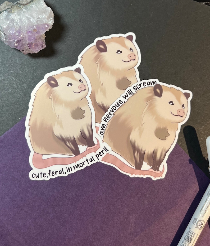 May include: Three cartoon opossums with brown fur and pink noses. The opossums are in different poses. The text "cute, feral, in mortal peril" is below the opossums on the left. The text "am nervous, will scream" is above the opossums on the right.