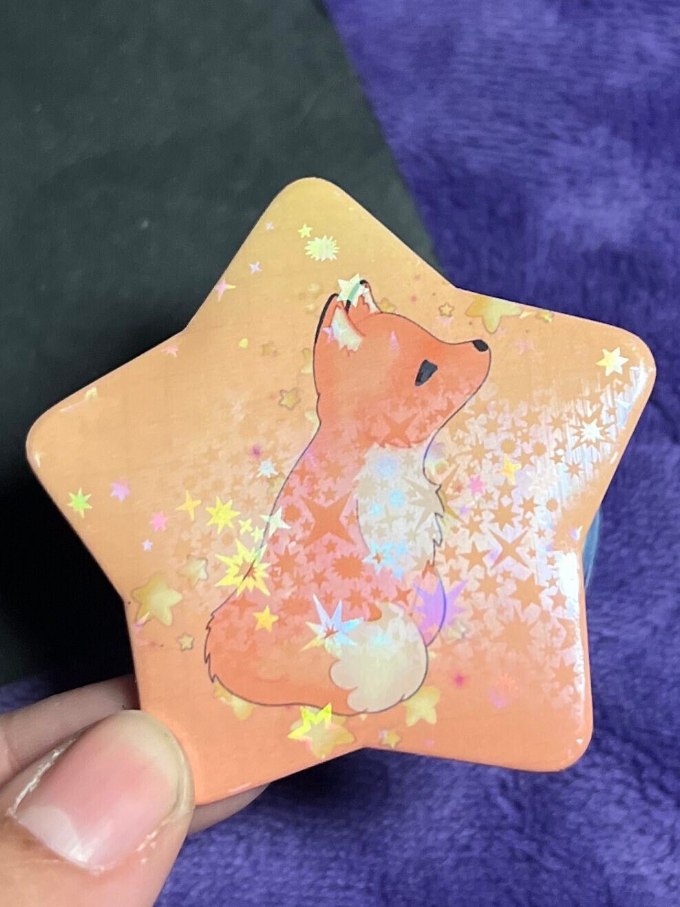 Starry Fox Pin Back Button (2.2 In.)- Holographic Fox Lover Button Pin ...