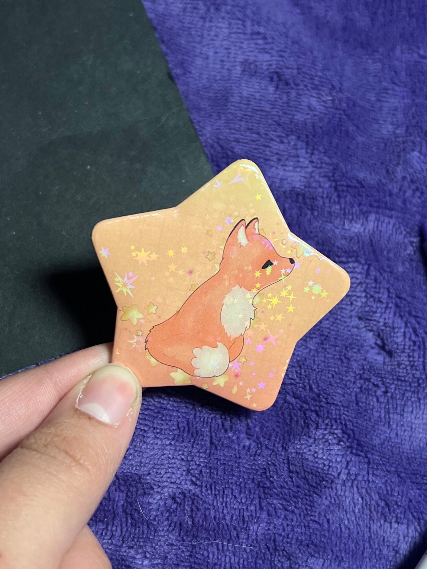 Starry Fox Pin Back Button (2.2 In.)- Holographic Fox Lover Button Pin ...