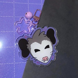 Purple Possum Acrylic Bell Keychain (3in) | Opossum Lover Keychain, Silly Little Guy Charm, Happy Trash Cat Charms, Cute Key/Bag Accessories