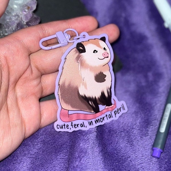 Feral Chonky Possum Acrylic Keychain (3in) |Cute Screaming Possum Charm, Anxiety Opossum Acrylic Charm, Kawaii Purple Trash Cat Charms