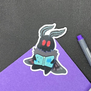 Studious Mothman Sticker | Bookish Mothman Sticker, Funny Reading Kindle Chibi Moth Sticker, Cute Reading Mothman, Local Cryptid Storytime
