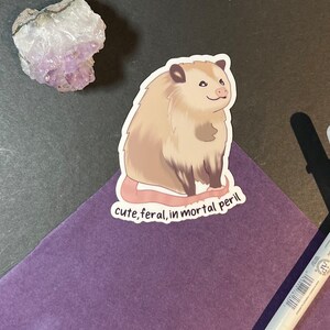 May include: A sticker featuring a cartoon opossum with the text "cute, feral, in mortal peril".