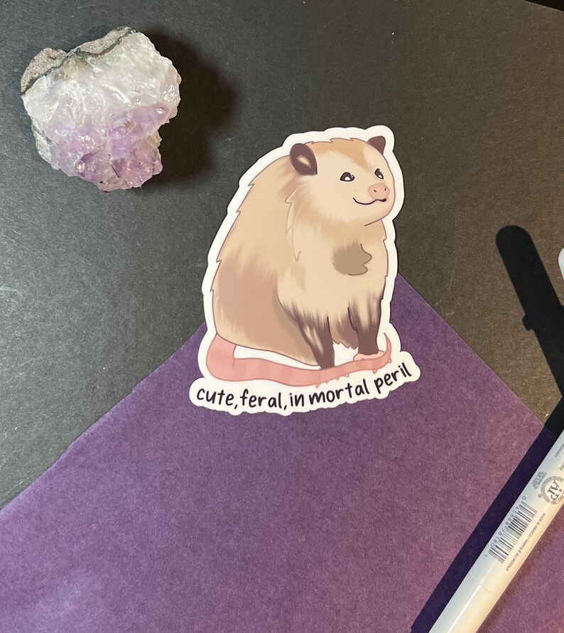 May include: A sticker featuring a cartoon opossum with the text "cute, feral, in mortal peril".