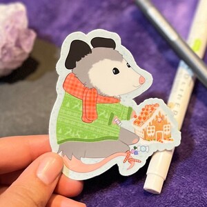 Gingerbread Possum Sticker |Christmas Opossum Sticker, Holiday Treat Candy House, Possum Christmas Sweater, Gingerbread House Cute Sticker