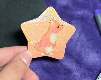 Starry Fox Pin Back Button (2.2 in.)- Holographic Fox Lover Button Pin, Cottagecore Fox Star Pin, Kawaii Star Pin, Cute Fall Animal Pin Gift