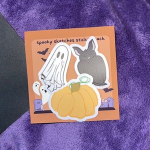 Spooky Sketches Sticker Pack | Halloween Theme  Mini Sticker Set, Pumpkin Stickers, Cute Ghost Stickers, Sleepy Bat Sticker, Witchy Sticker