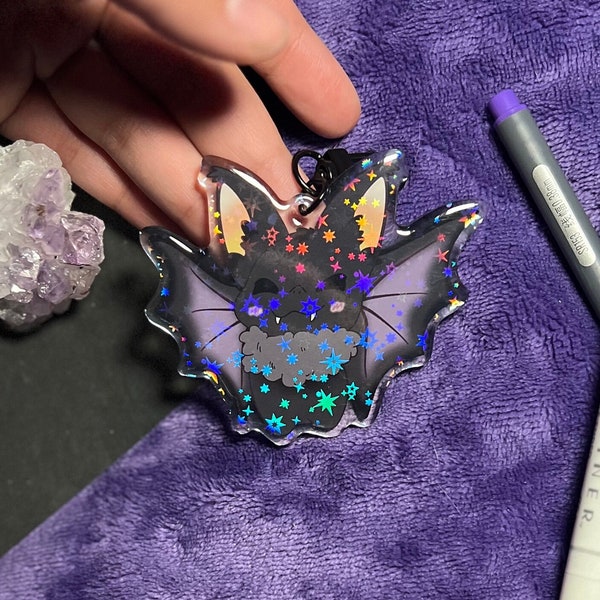 Candy Corn Bat Holographic Acrylic Keychain (3in)| Frickin Bats I Love Halloween, Cute Bat Halloween Charm, Spooky Season, Kawaii Bat Charms