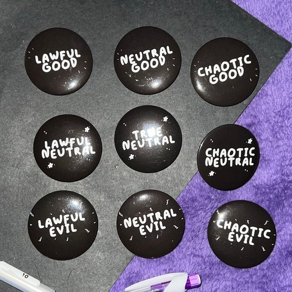 Character Alignment DnD Button 1.75in-  Chaotic Lawful Neutral Pin Back Button, D20 Dungeons and Dragons Button, Backpack Pins, Bard, Wizard