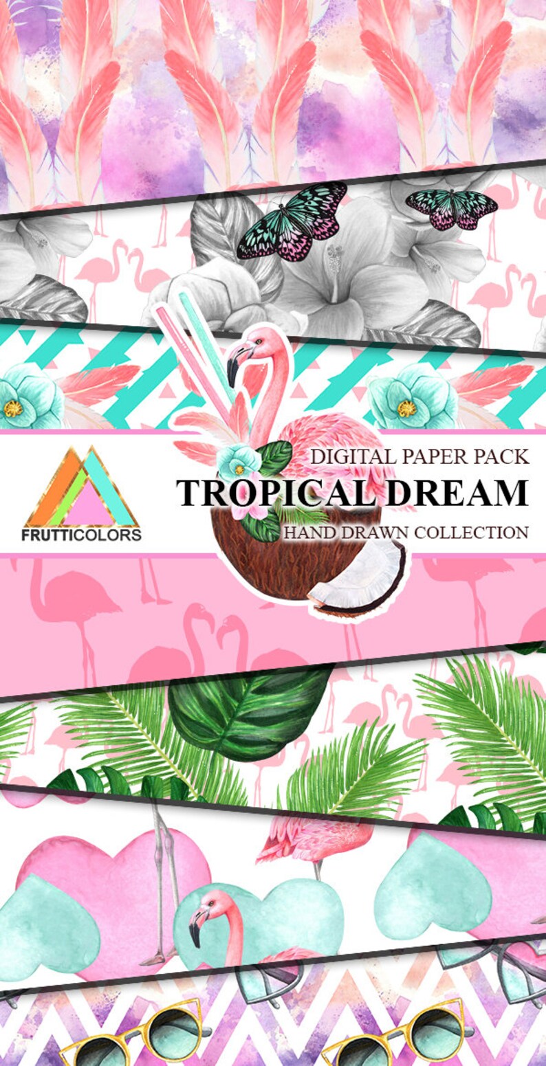 Download Tropical Summer Digital Paper Pack Seamless Patterns Planner Stickers Tropical Vacation Pink Flamingo Pink Feather Pattern Materials Craft Supplies Tools Delage Com Br