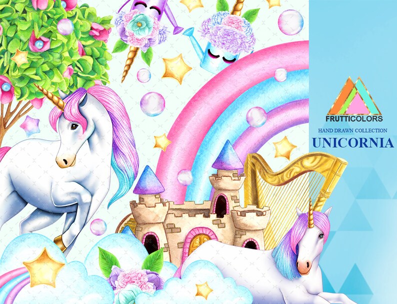 Download Cute Unicorn Clipart Rainbow Clip Art Castle Watercolor | Etsy
