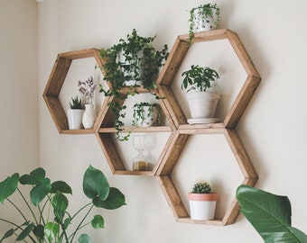 Hexagon Shelves | Wall Beehive Bee | Honeycomb Shelf | Decor | Wood Home Essential Oil | Natural Wooden Crystal Storage Display