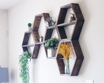 Hexagon Shelves | Wall Beehive | Bee Honeycomb Shelf Decor | Wood Home Essential Oil | Natural Wooden Crystal Storage Display
