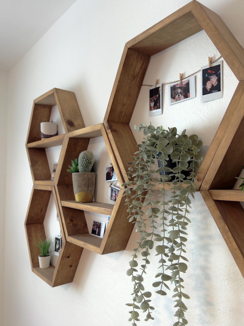 May include: Wooden hexagonal shelves mounted on a white wall, with a potted plant hanging down from the top shelf. The shelves are decorated with small potted plants, photos, and a small white ceramic pot.