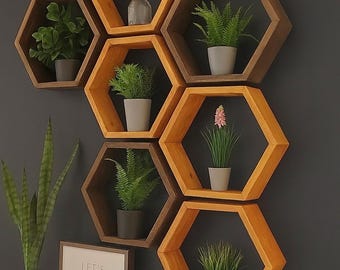 Hexagon Shelf Set | Dual Color Beehive Shelves | Honeycomb Shelf | Decor | Wood Home Essential Oil | Natural Wooden Crystal Storage Display