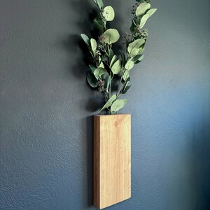 Op de afbeelding: Een houten wandvaas met een natuurlijke houten afwerking bevat een tak met groene eucalyptusbladeren.