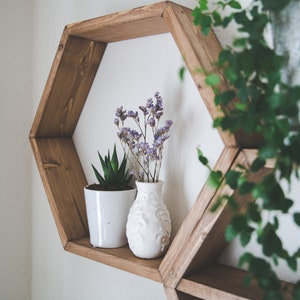 May include: A set of hexagonal wooden shelves with a white vase of purple flowers and a potted succulent plant. The shelves are mounted on a white wall and are surrounded by green foliage.