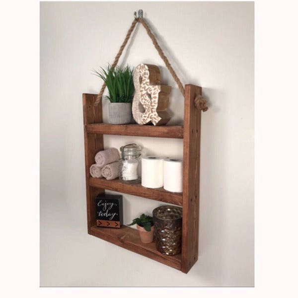 Estante de escalera rústica: estante de escalera de madera y cuerda rústica, organizador de baño, estante de entrada