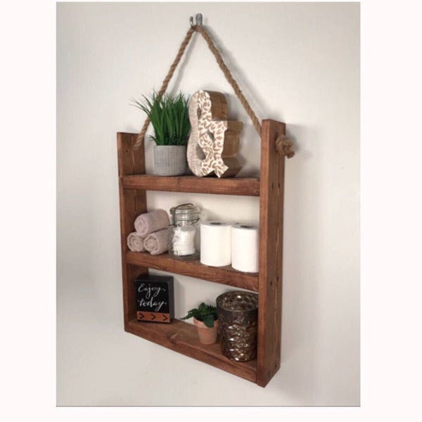 Rustic Ladder Shelf- Rustic Wood and Rope Ladder Shelf, Bathroom Organizer, Entryway Shelf