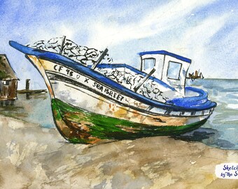 Vieux bateau en bois, aquarelle et encre Decor Nautique Impression