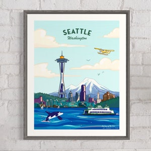 Könnte beinhalten: Eine farbenfrohe Illustration der Skyline von Seattle mit dem Space Needle, dem Mount Rainier und einer Fähre. Der Text "SEATTLE Washington" befindet sich oben im Bild. Ein kleines Flugzeug fliegt über und ein Killerwal springt ins Wasser.
