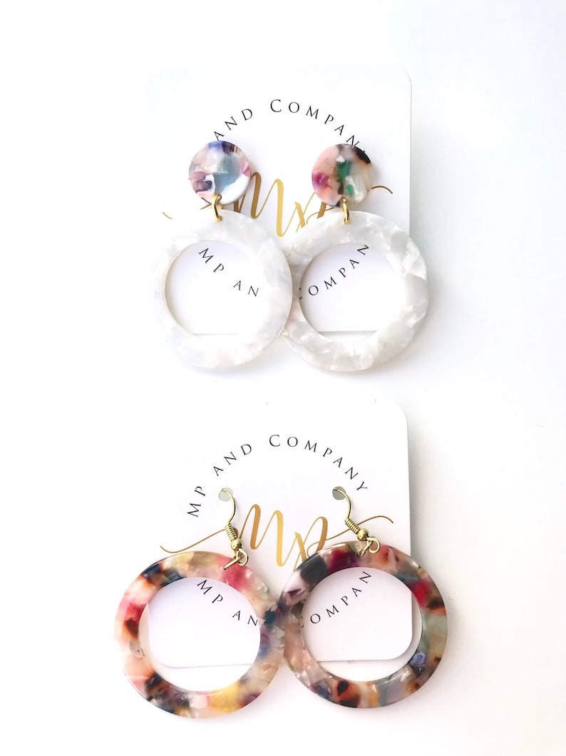 WhiteMulti Colored Round Earrings NEW!! Fun Statement Earrings Geometric Acrylic Resin