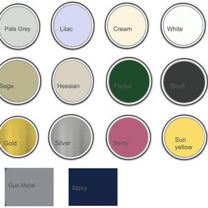 May include: A colour palette showing 20 circular swatches, each with a different colour and name. Colours include pale pink, lilac, cream, white, powder blue, sage, forest green, black, rose gold, gold, berry, and sun yellow.