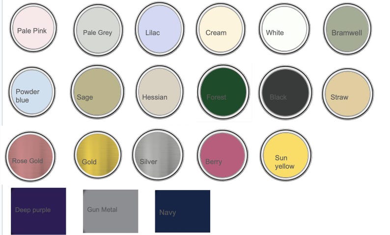 May include: A colour palette showing 20 circular swatches, each with a different colour and name. Colours include pale pink, lilac, cream, white, powder blue, sage, forest green, black, rose gold, gold, berry, and sun yellow.