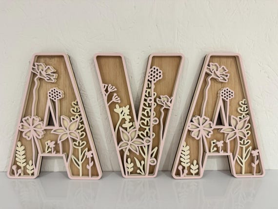 Natural Nursery Wooden Letter, Neutral nursery decor, wildflower wall art, natural wooden effect home decor