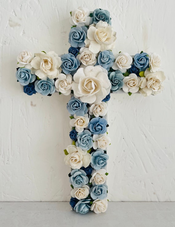 Flower cross, wooden cross, Baptism gift, Christening gift, funeral cross, communion gift, christening decor, new baby gift, baby girl gift