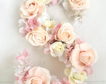 Blush pink large flower letter floral letter custom floral letter for nursery blush pink nursery decor silk flower letter for nursery
