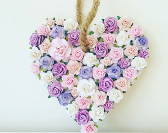 Floral Heart Wall Decor Romantic Flower Heart Gift Valentine’s Day, Proposal or Anniversary Decoration  Pink & Purple Rose Keepsake