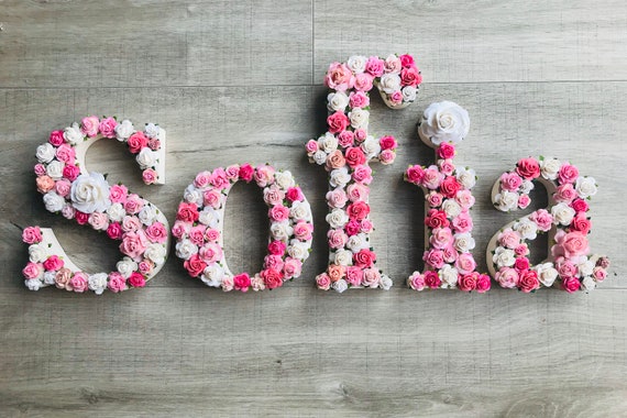 Flower letters nursery name sign flower wall art flower letter name above crib name personalised flower name new baby name design