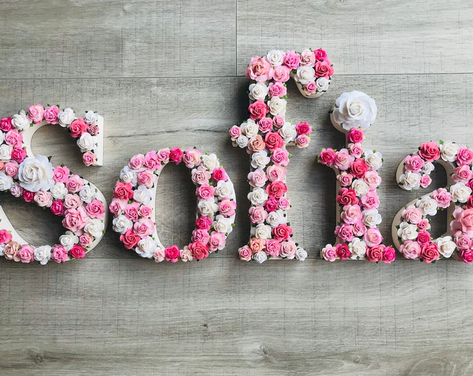 Featured listing image: Flower letters, nursery name sign, flower wall art, flower letter name, name sign, flower wall, baby announcement, pink nursery, baby girl