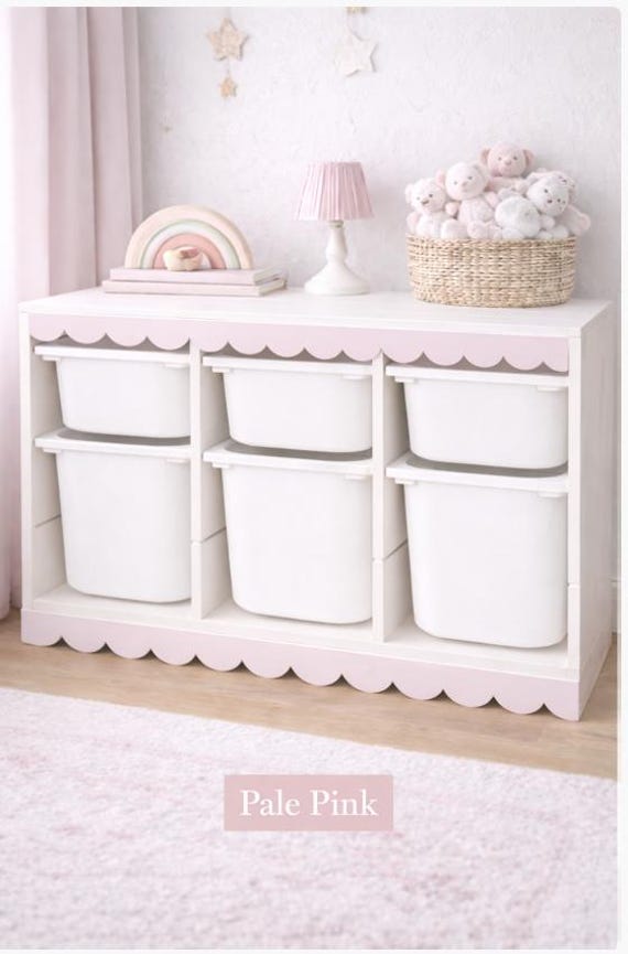 scallop trim for trofast unit, trofast storage solution. scallop decor girls room. new baby nursery storage