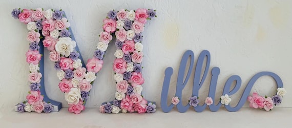 New baby announcement sign, wooden name sign, flower letter name, nursery name sign, new baby gift